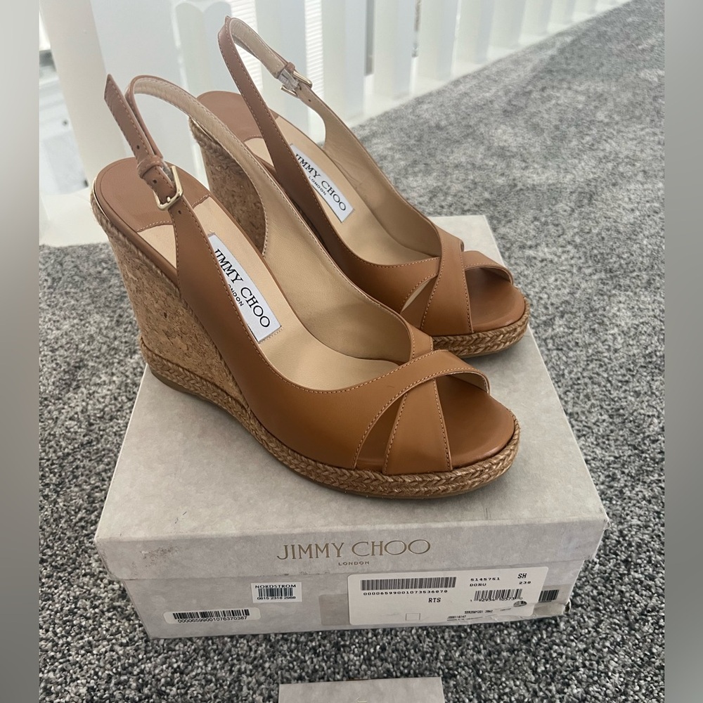 Jimmy Choo Carmel Brown Leather Wedge Sandals - Picture 2 of 13